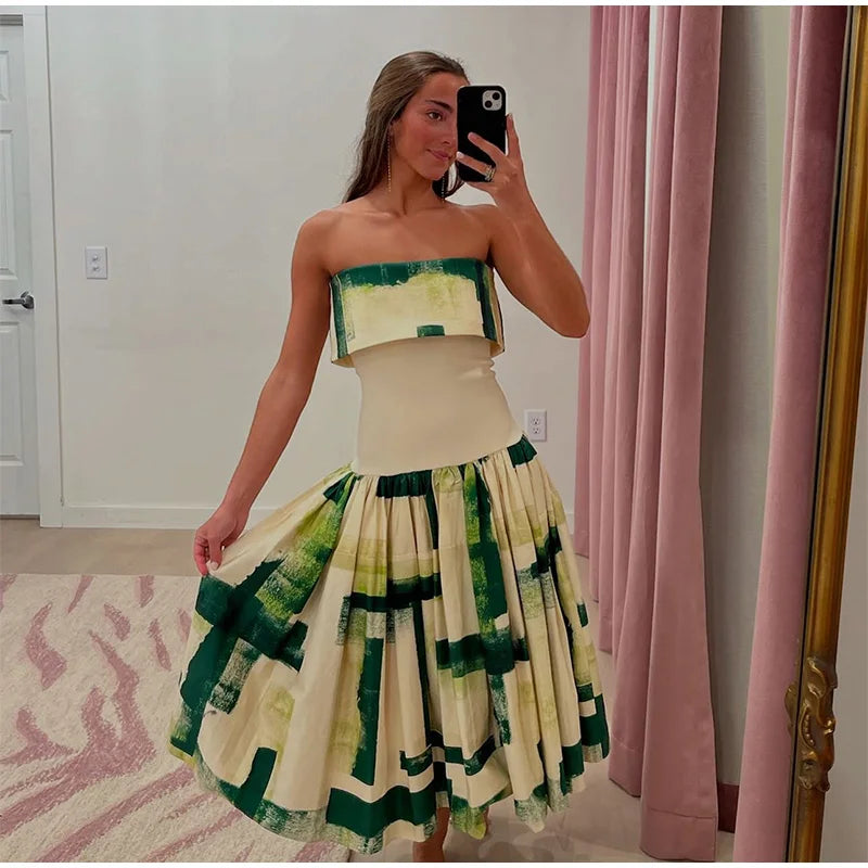 Women's Strapless Open Back Patchwork Long Dress