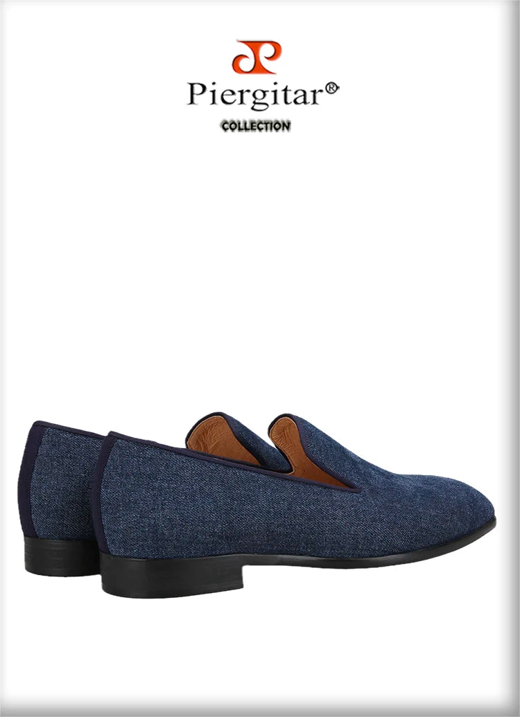 Piergitar 2022 New Summer Style Navy Denim Men's Loafers Red Outsole Man Smoking Slippers Breathable Leather Insole Plus Size