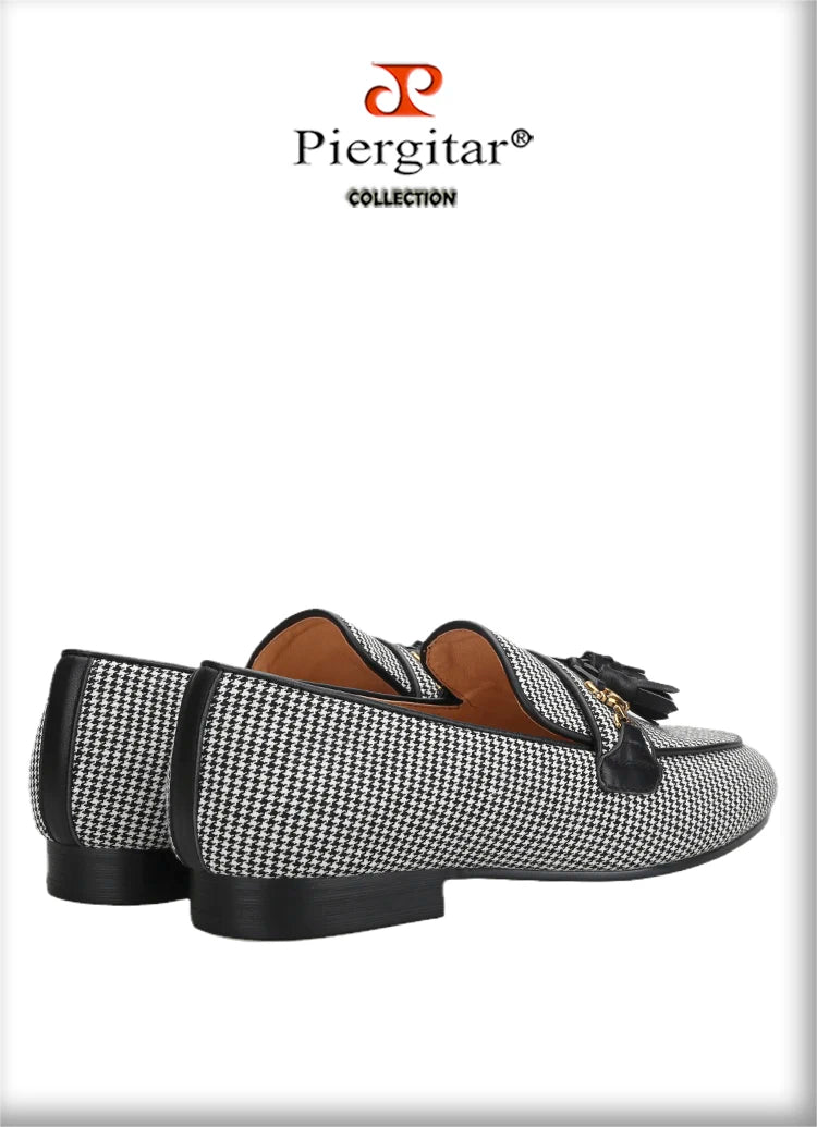 Piergitar 2023 Black And White Wool Houndstooth Slippers With Metal Horsebits Leather Tassels Men's Loafers Handmade Moccasins