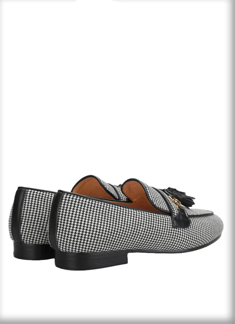 2023 Black And White Houndstooth Wool Slippers with Leather Tassels and Metal Horsebits for Men's Loafers