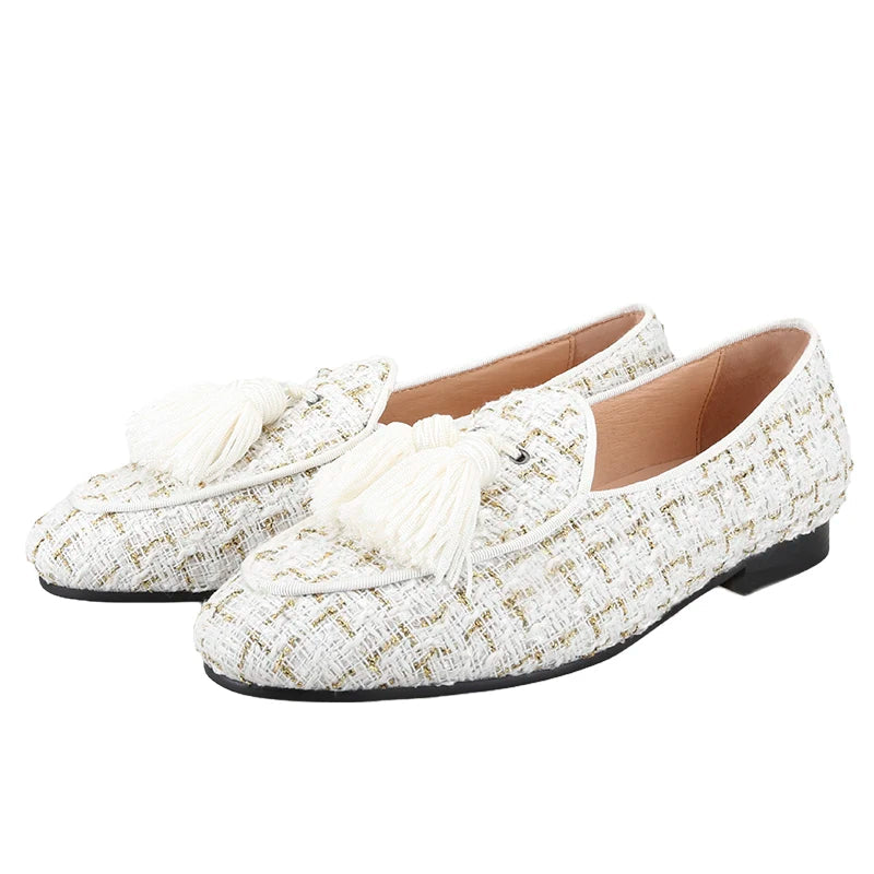 The British Classic style slip-on smoking slippers in White and Black Tweed with Handmade Tassels.