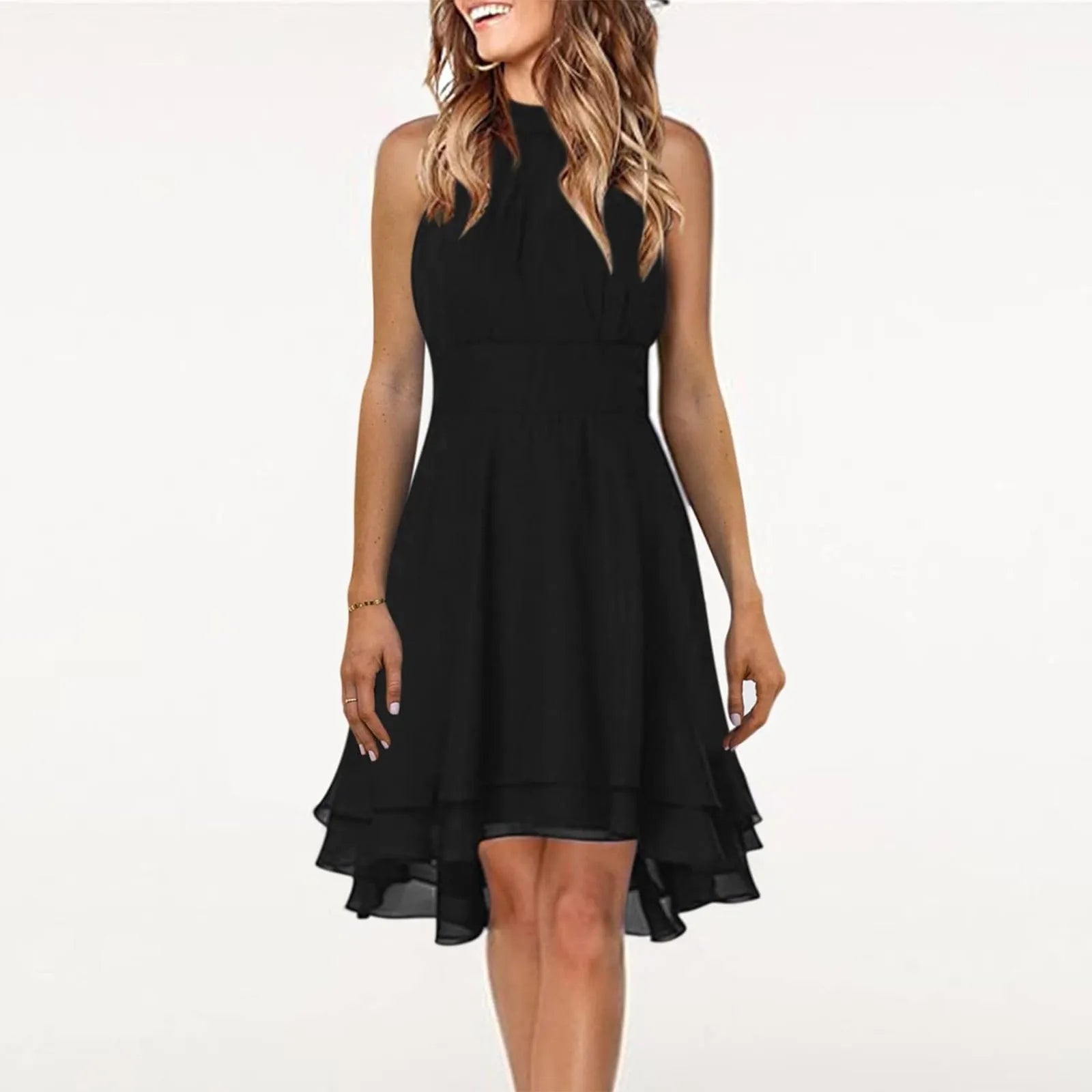 Women's Sleeveless Chiffon High-Waist Layered Halter Dress