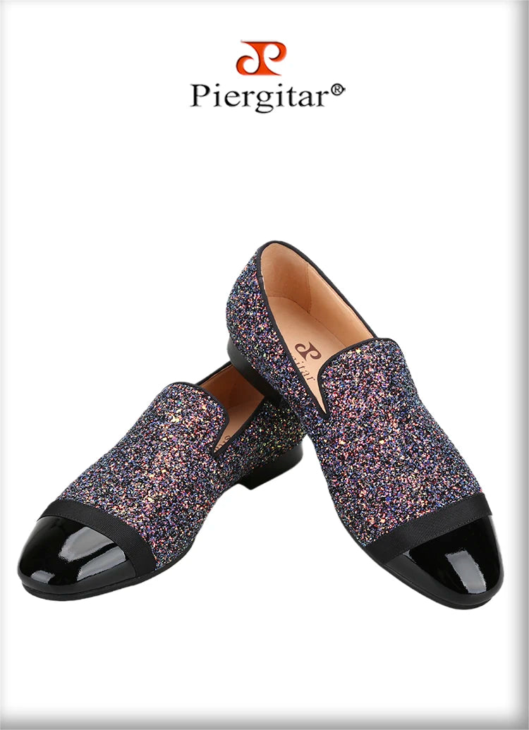 Piergitar Flash Purple Sequined Canvas Slippers With Patent Leather Toes Handmade Men Moccasins For Party And Wedding Plus Size