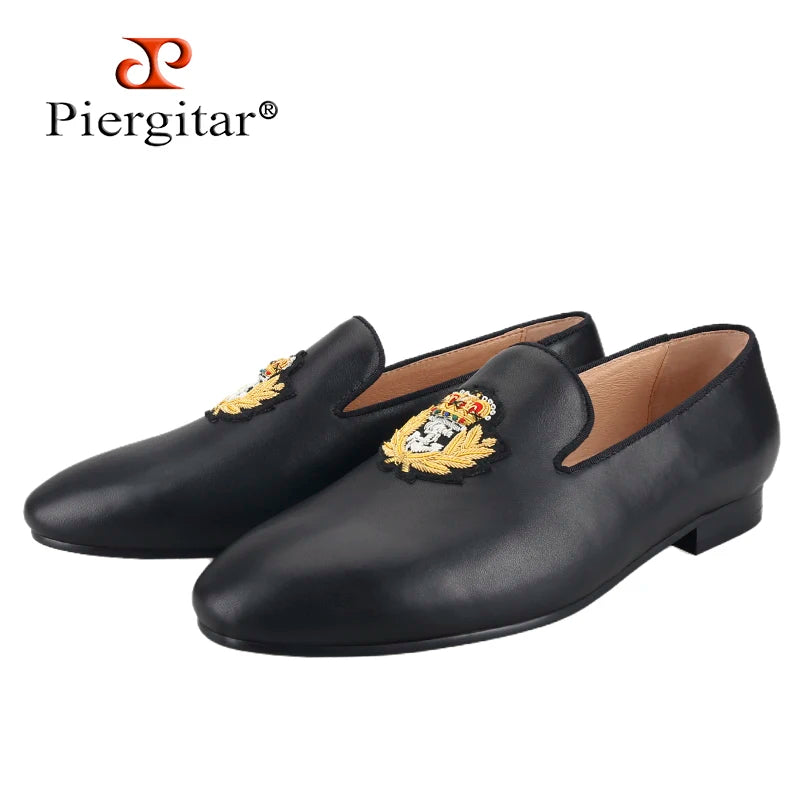 Piergitar Summer New Arrival Cow Leather Men Loafers With Luxurious Royal Style Gold Embroidery For Party Handmade Slip-On Shoes