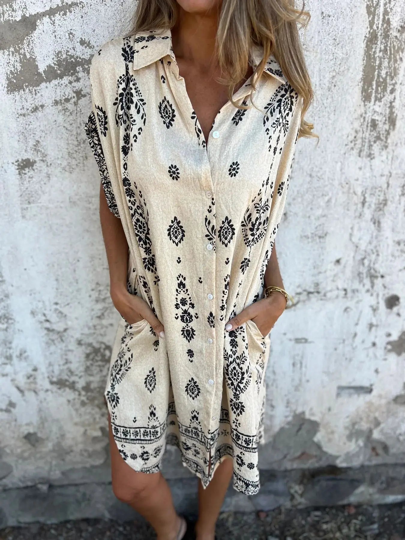 2025 New Women's Shirt Dress Loose Button Cardigan Fashion Printed Short Sleeve Pocket Cotton Linen Blend Vacation Beach Skirt