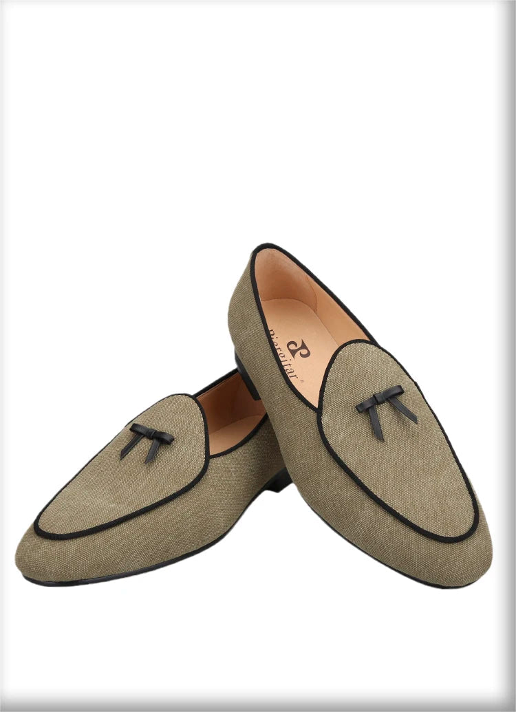 Three Colors Raw Canvas Belgian loafers with Calfskin Bows, Handmade Slip On Classic Mens Smoking Slippers
