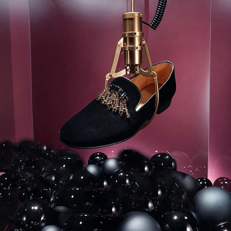 Black Color Men's Velvet Shoes for Weddings and Parties with Handmade Rhinestones Buckle