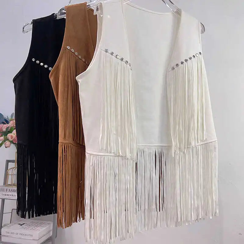 Retro Western Cowboy Style Soft Suede Tassel Vest Spring Autumn Sleeveless Cardigan Women Casual Waistcoat Sweetwear