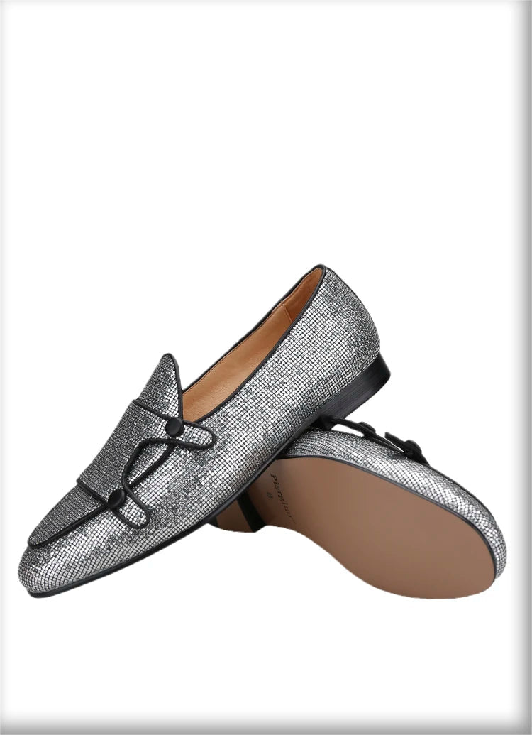 The New Style Square Glittering Silver Belgian Loafers with Double-Monk Moccs Handmade in GuangZhou