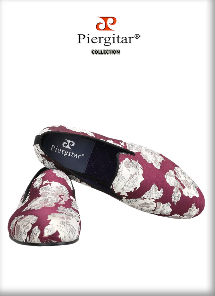 Piergitar 2022 New Arrival Purple Jacquard Fabric With White Fowers Handmade Men Loafers Party And Prom Male Flats Plus Size