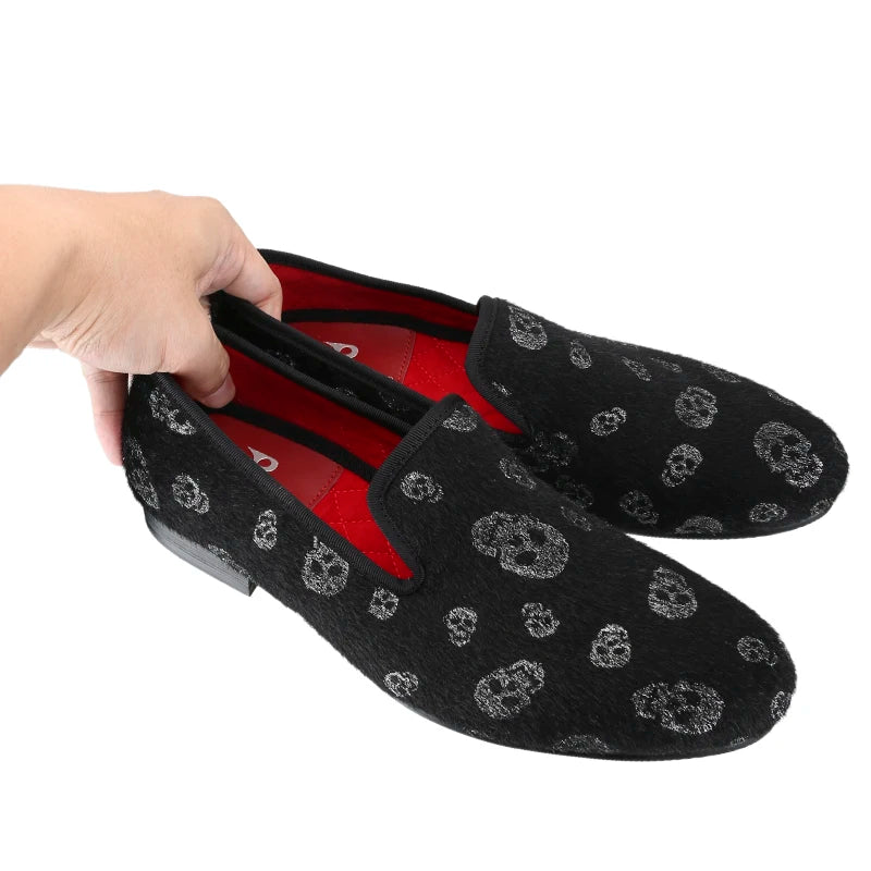 Piergitar New Style Black Horsehair Sliver Skull Embossed Men Shoes For Party Slip-On Loafers Smoking Slipper Men Flat Plus Size