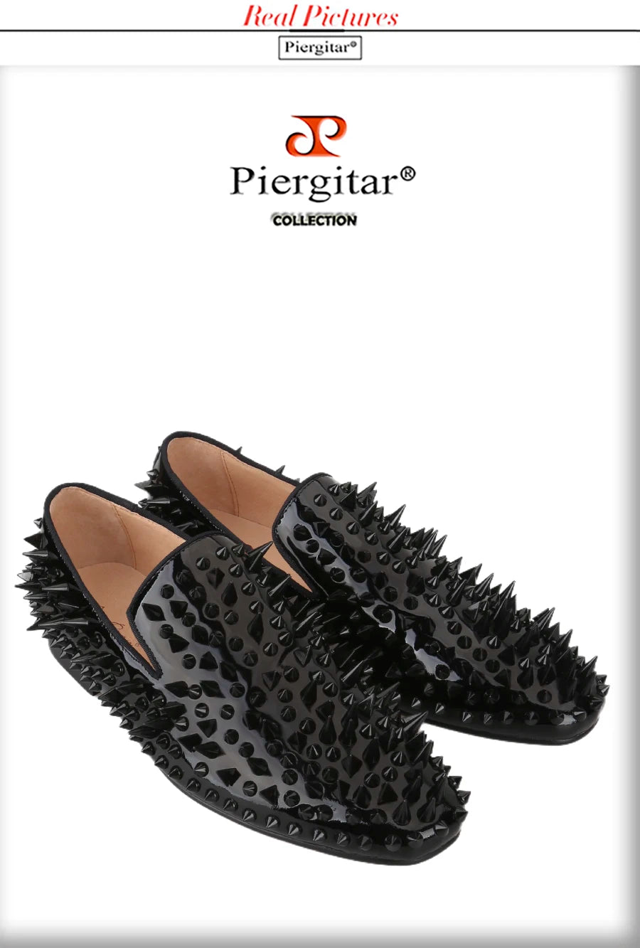 Piergitar Black Patent Leather Men's Loafers With Handmade Different Shapes Of Spikes For Fashion Party CL Brand Red Sole Shoes