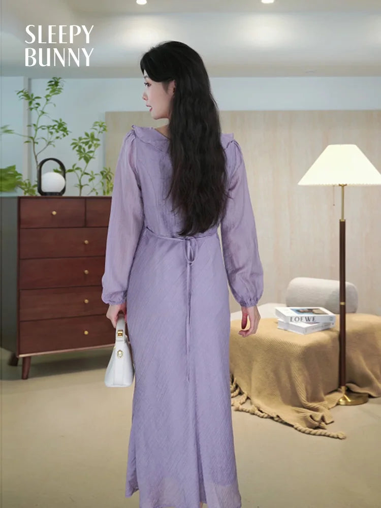 Elegant Purple Long Sleeve Dress for Women Summer Slim Fit Mermaid Maxi Dress High Waist Bodycon Formal Outfit for Petite Ladies