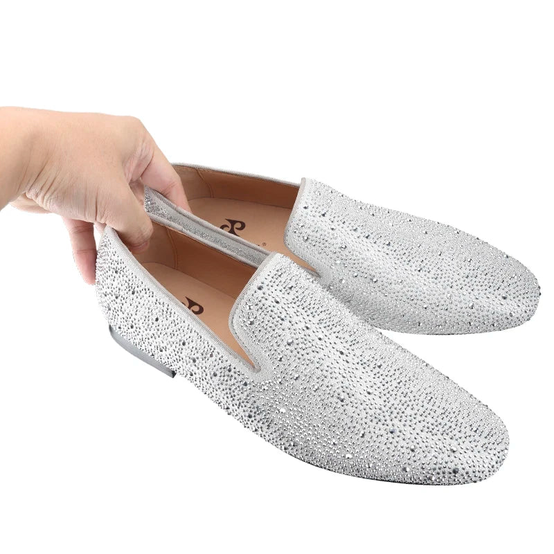 Piergitar Sliver Genuine Leather Men's Loafers With Handmade Bright And Shiny Rhinestones For Fashion Party/Banquet Red Bottom