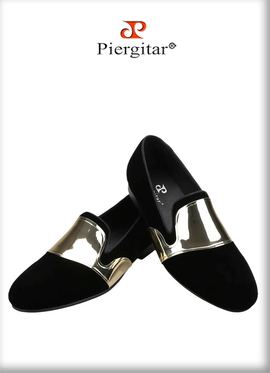 Piergitar Handmade Men Velvet Shoes With Across Gold Metal Buckles For Formal Suit Wear Fashion Party Slip-On Loafers Plus SIze