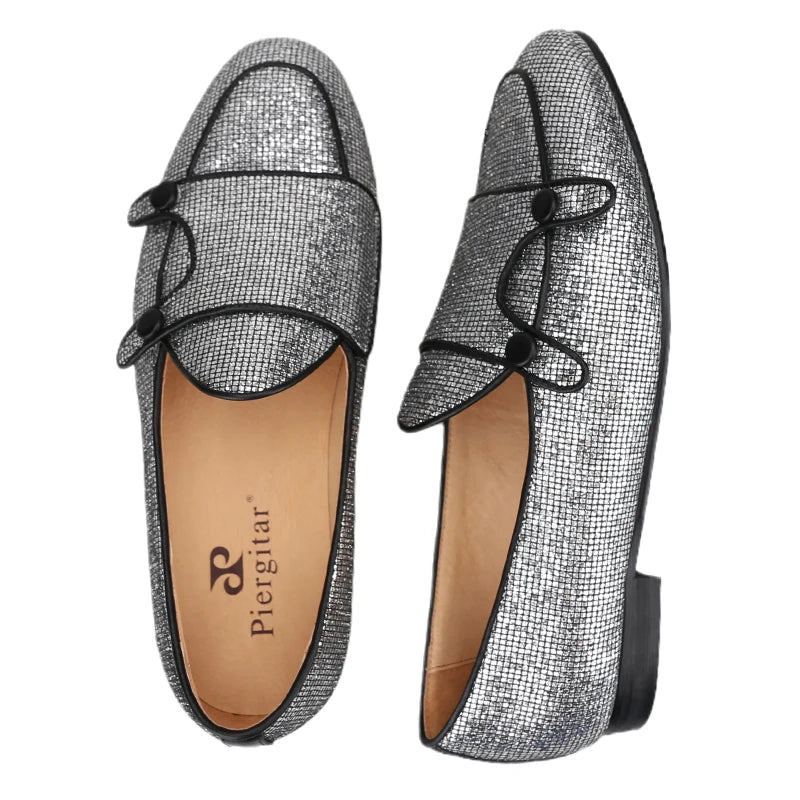 The New Style Square Glittering Silver Belgian Loafers with Double-Monk Moccs Handmade in GuangZhou