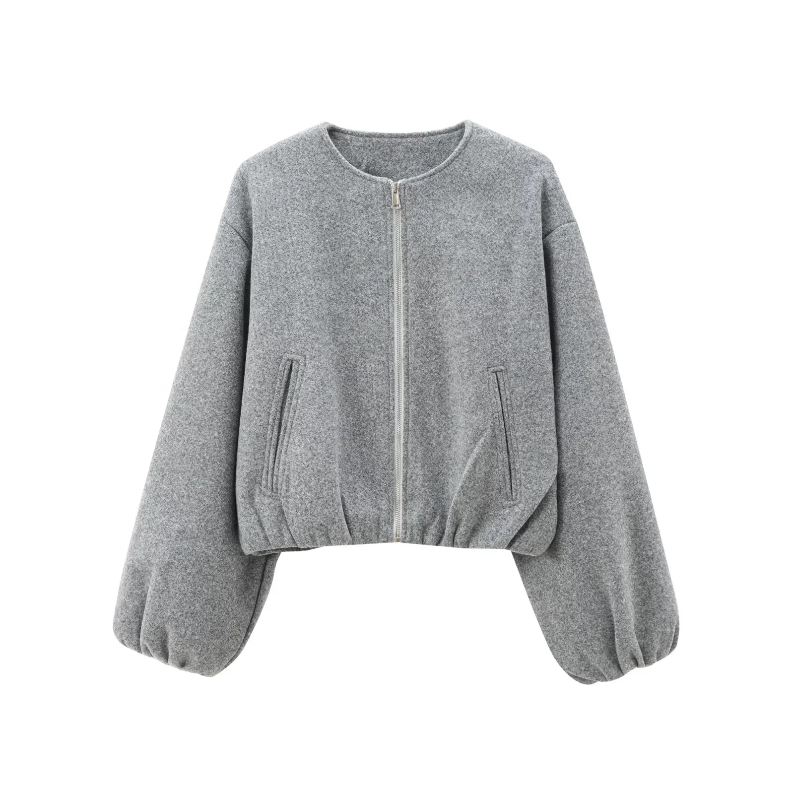 TRAF Outerwears Cropped Bomber Jacket Women Autumn Long Sleeve Faux Wool Coats For Woman Winter Zip Up Gray Beige Short Coats