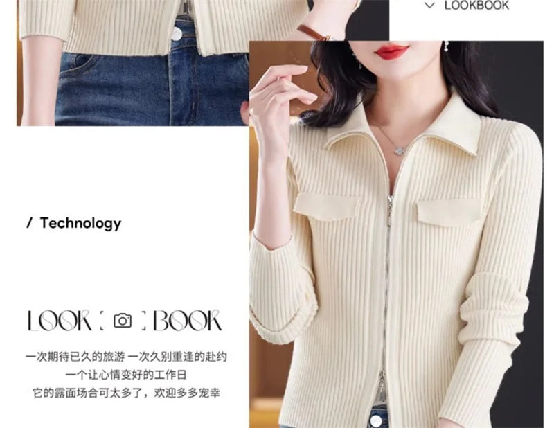 Spring Autumn Women Knitted Sweater Cardigan Short Jacket 2025 New Korean Fashion Zipper Solid Turn-Down Knit Coat Female Tops