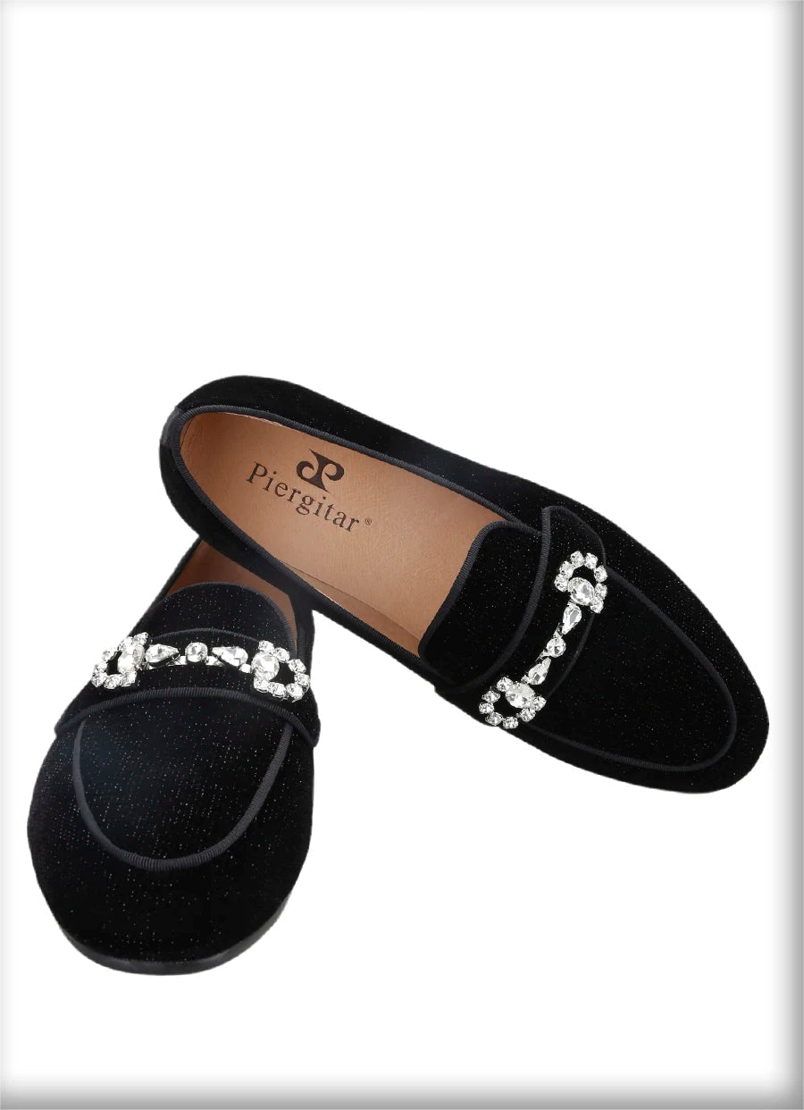 Black Velvet Loafers For Men With Crystal Rhinestone Horsebit Embellishments