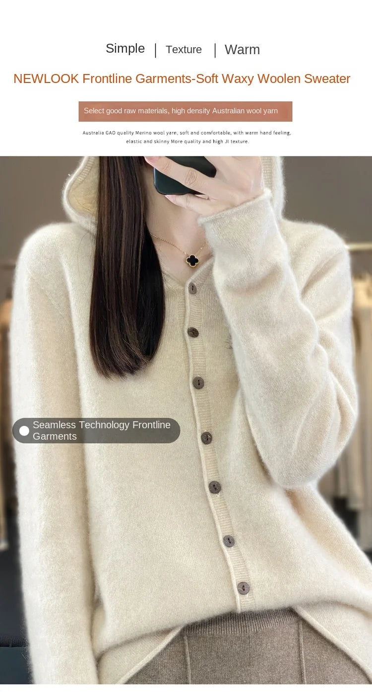 First Line 100% Merino Wool Knitted Cardigan Women's Autumn And Winter Hoodie Loose Sweater Fashionable Versatile Coat Top YC014