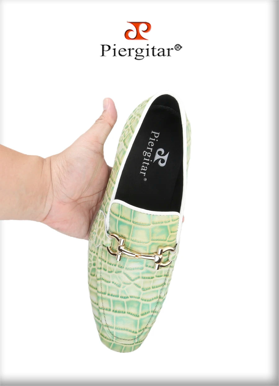 Piergitar Classic Model Gold Horsebits Men's Loafers Red And Light Green Crocodile Pattern Calfskin Handmade Slip-On Slippers