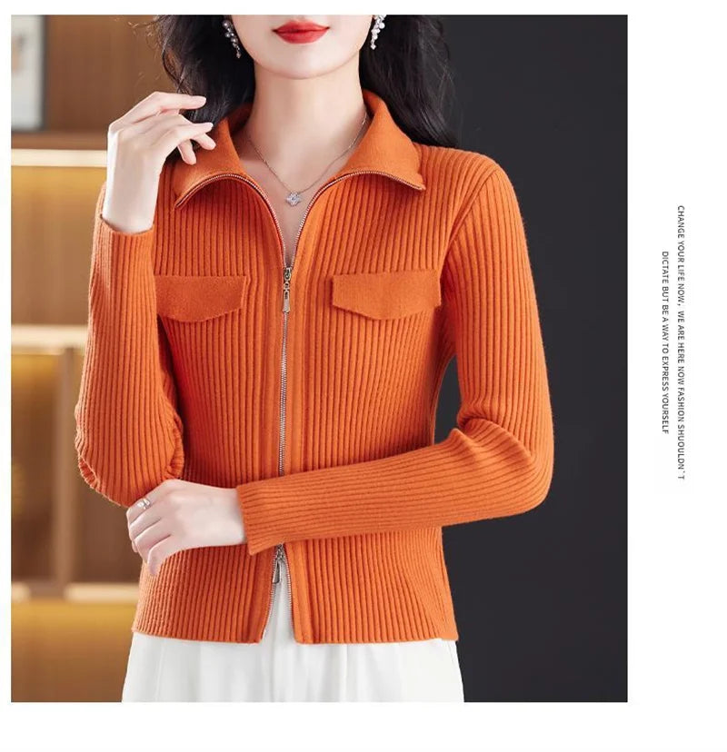 Spring Autumn Women Knitted Sweater Cardigan Short Jacket 2025 New Korean Fashion Zipper Solid Turn-Down Knit Coat Female Tops