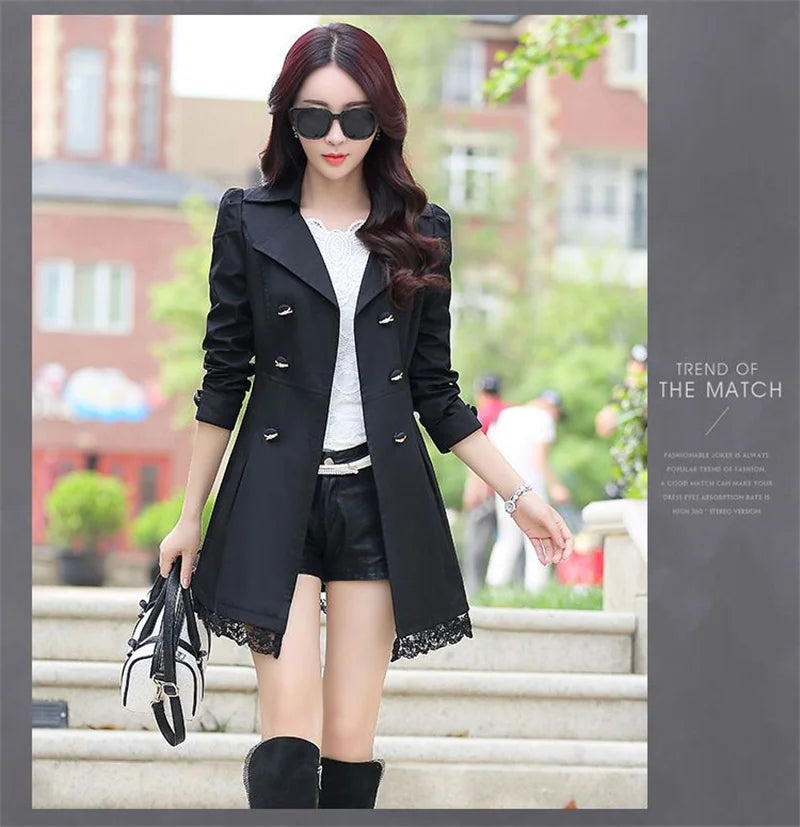 2025Spring Autumn New Windbreaker Coat Women Fashion Slim Mid Long Lace Trench Coat Female Casual Double-breasted Outerwear Tops