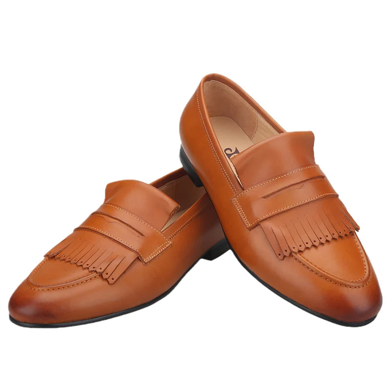 Yellow and Brown Colors Calfskin Slip-On Mens Dress Shoes for Party Handmade Male Smoking slippers