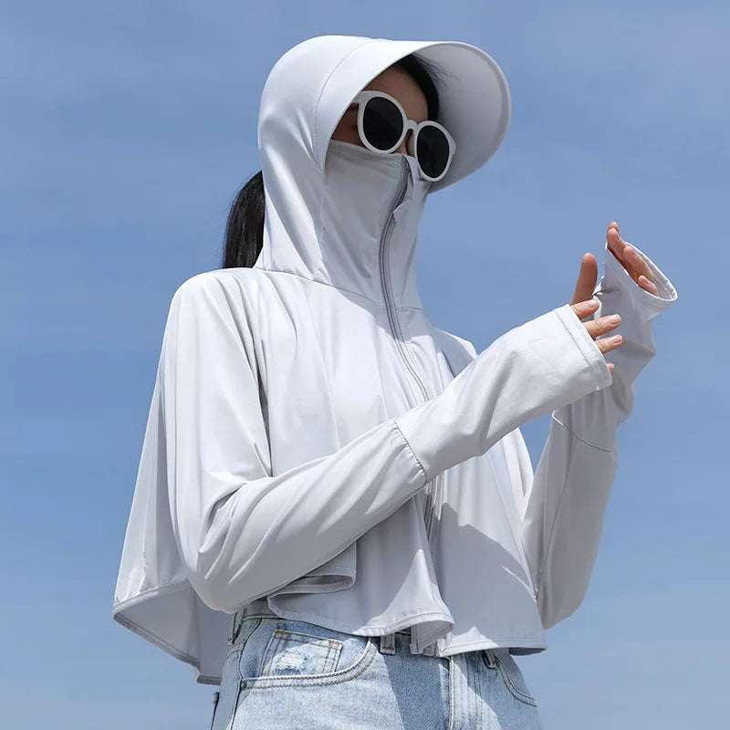 UPF 50+ Women Sunscreen Hoodie Solid Color Thin Ice Silk Summer UV Protection Long-sleeved Jacket Breathable Shirt Clothing