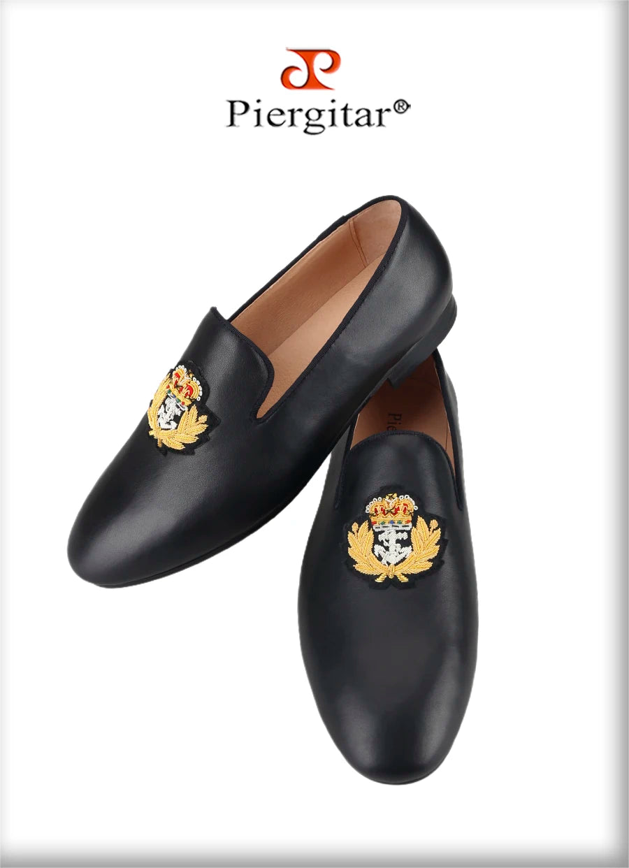 Piergitar Summer New Arrival Cow Leather Men Loafers With Luxurious Royal Style Gold Embroidery For Party Handmade Slip-On Shoes