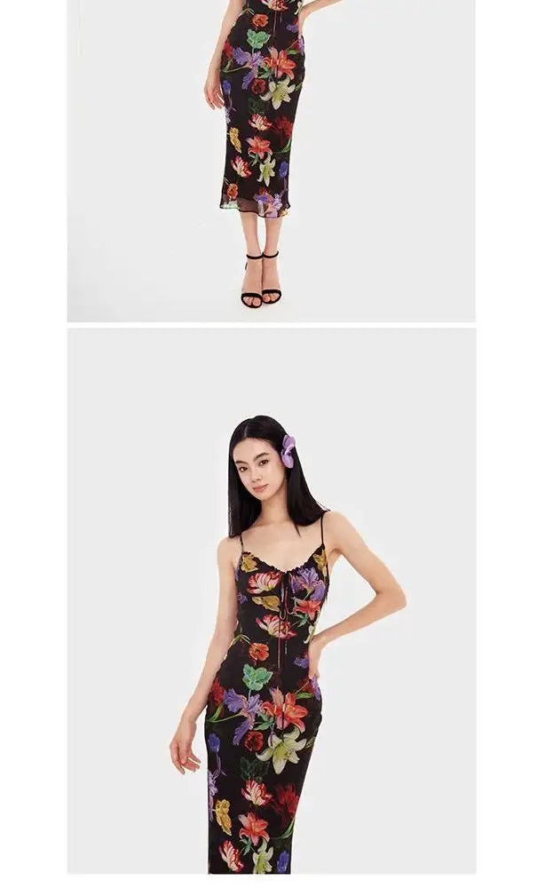 Black Tropical Maxi Dress 2025 Women Sleeveless Bodycon Mesh Dress Jungle Print Backless Evening Dress Dark Flora Aesthetic