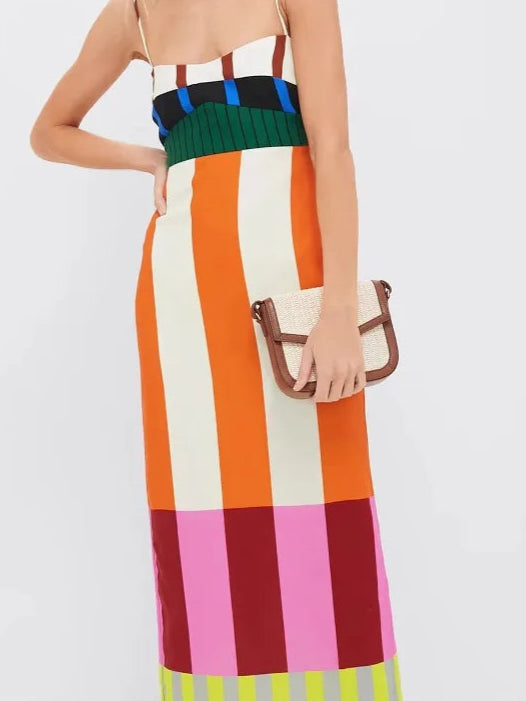 Women's Long Striped Colorful Spaghetti Strap Maxi Dress