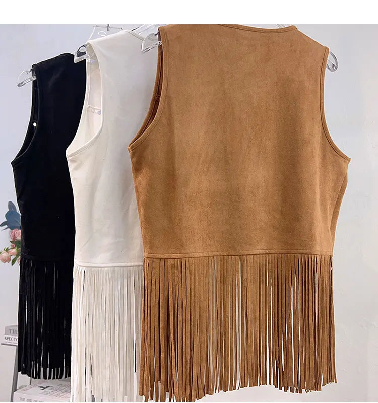 Retro Western Cowboy Style Soft Suede Tassel Vest Spring Autumn Sleeveless Cardigan Women Casual Waistcoat Sweetwear