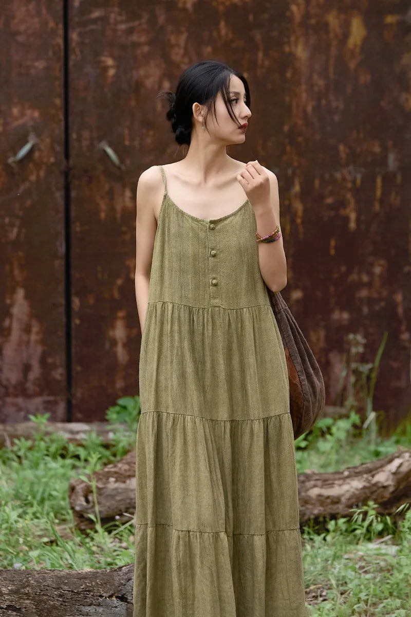 Cotton Linen Long Spaghetti Strap Dress