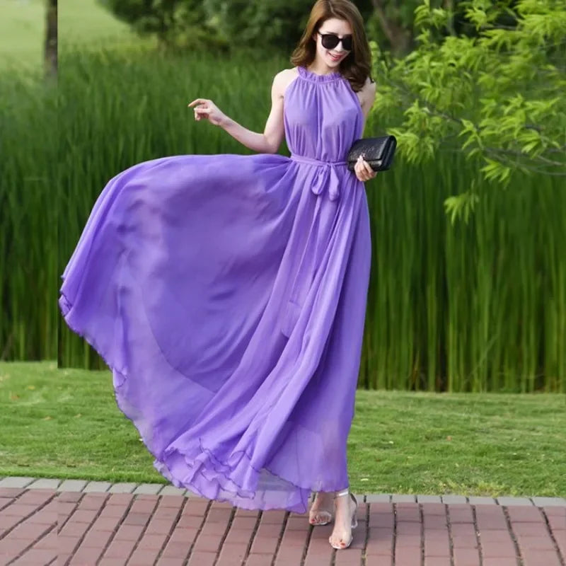 Sleeveless Chiffon Maxi Satin Long Silk Dress