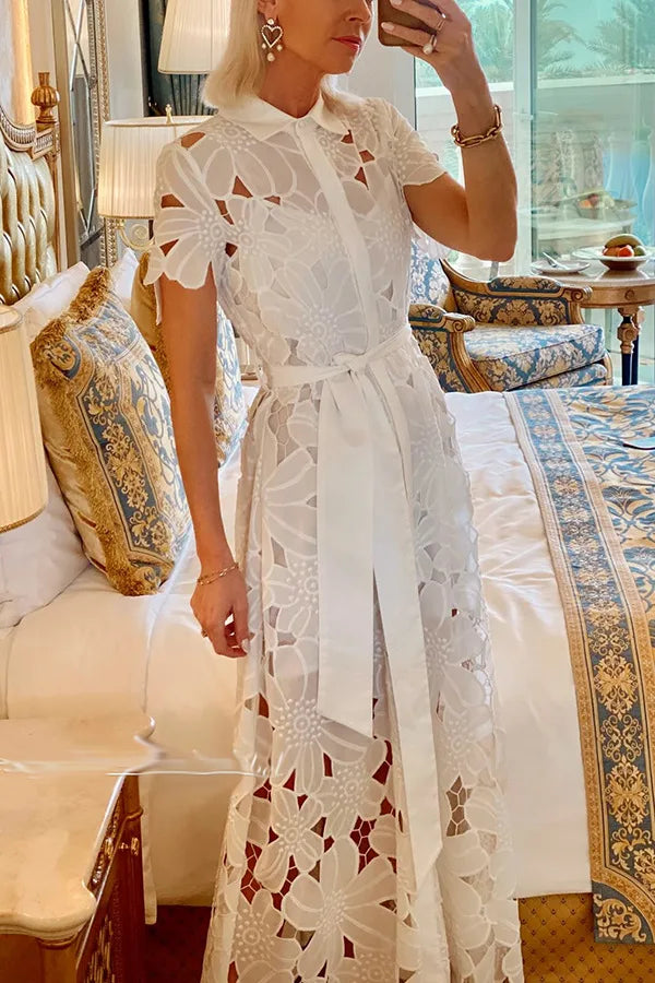 Women's Hollow Lapel Tie Up Lace Dress