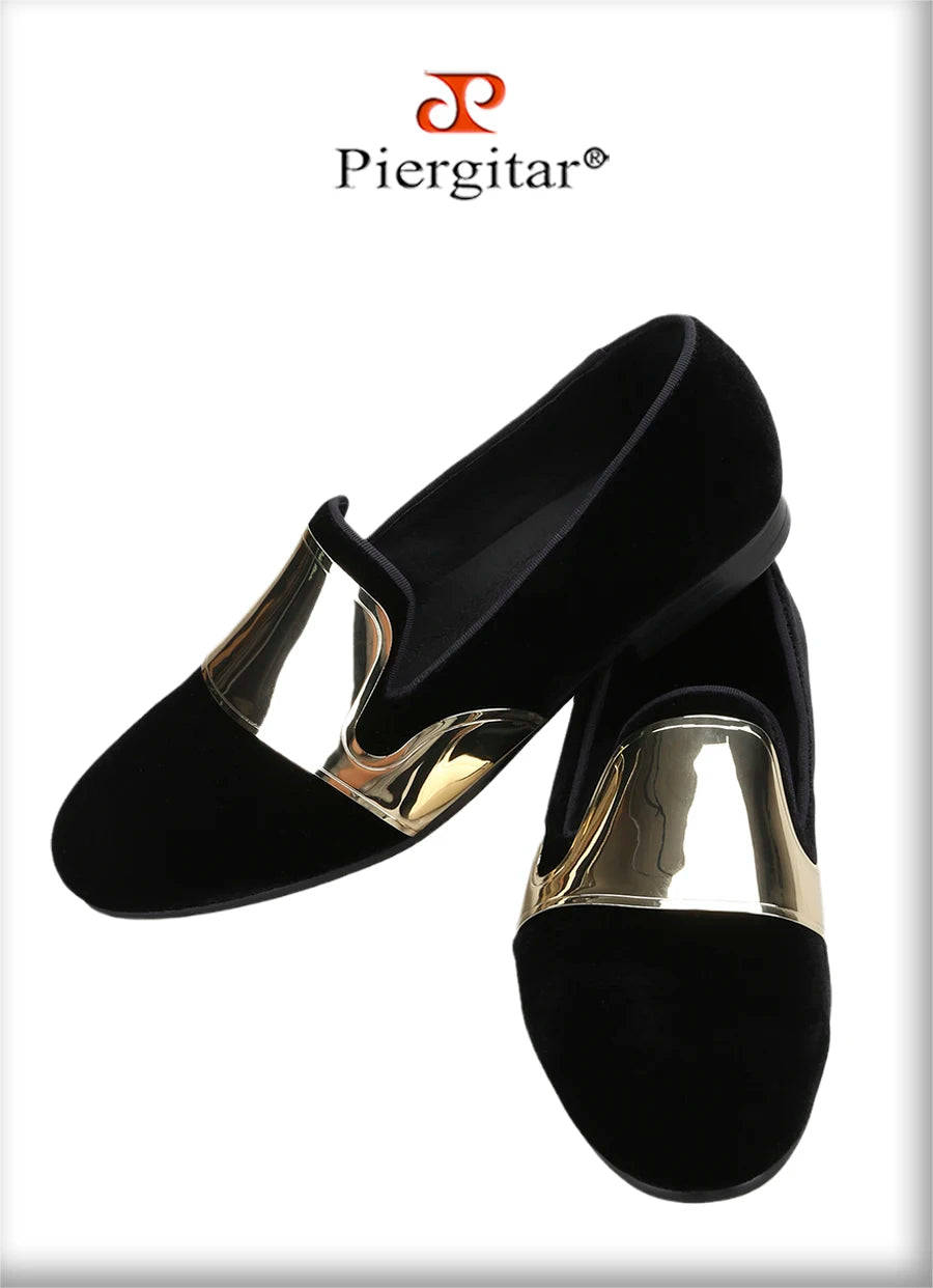 Piergitar Handmade Men Velvet Shoes With Across Gold Metal Buckles For Formal Suit Wear Fashion Party Slip-On Loafers Plus SIze