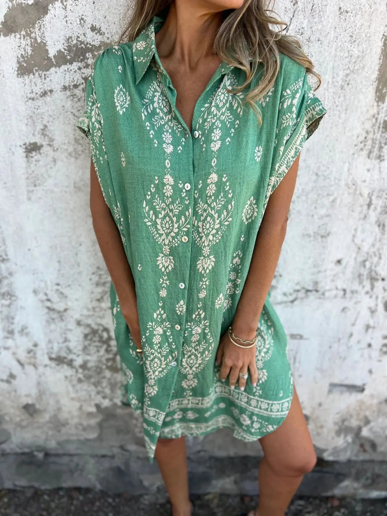 2025 New Women's Shirt Dress Loose Button Cardigan Fashion Printed Short Sleeve Pocket Cotton Linen Blend Vacation Beach Skirt