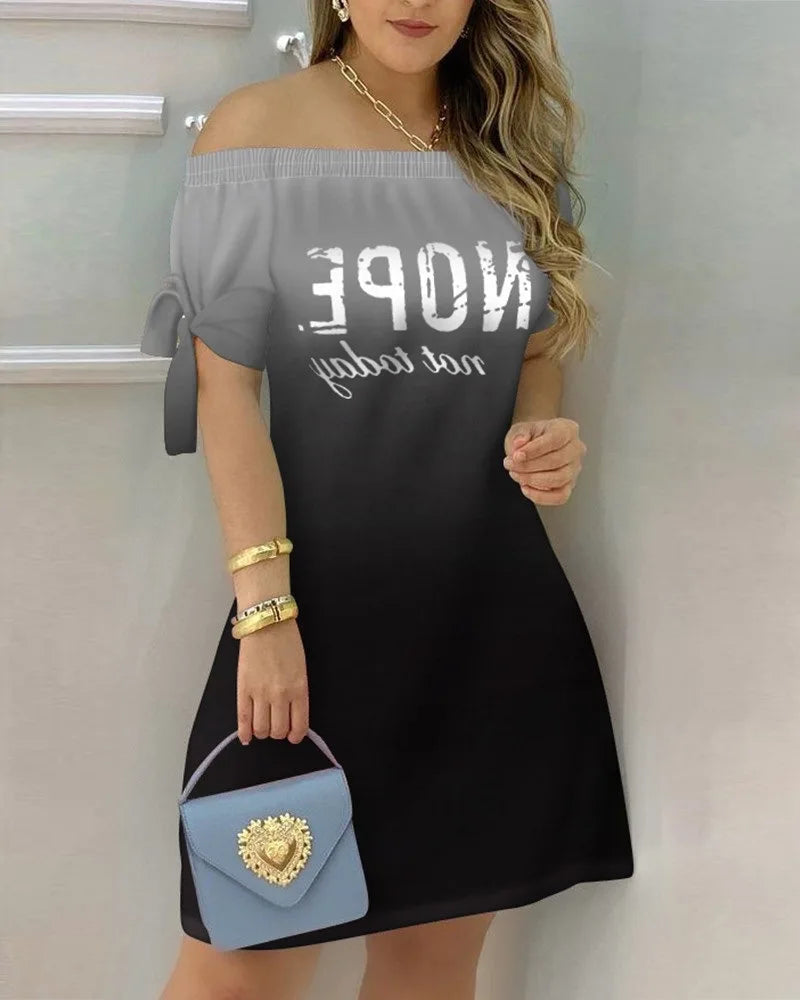 3XL Women's Casual Gradient Off Shoulder Short Sleeve Dress Bow Print Mini Dress