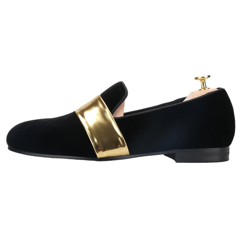 Piergitar New Style Handmade Men Velvet Loafers With Gold Patent Leather Crossbands Fashion Party And Wedding Male Dress Shoes