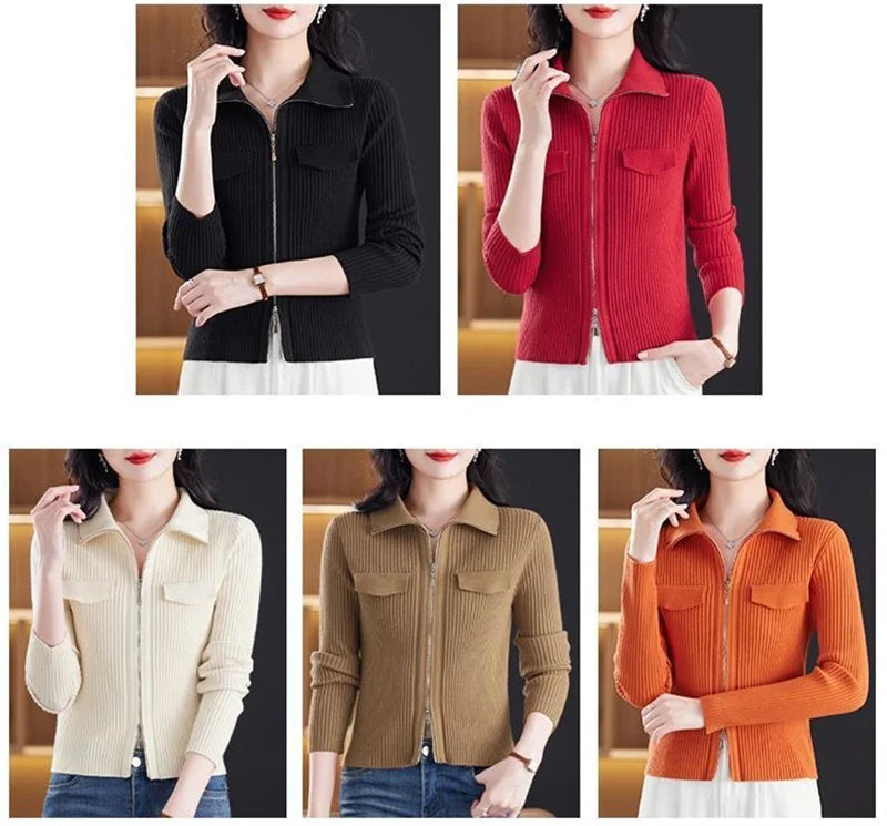 Spring Autumn Women Knitted Sweater Cardigan Short Jacket 2025 New Korean Fashion Zipper Solid Turn-Down Knit Coat Female Tops