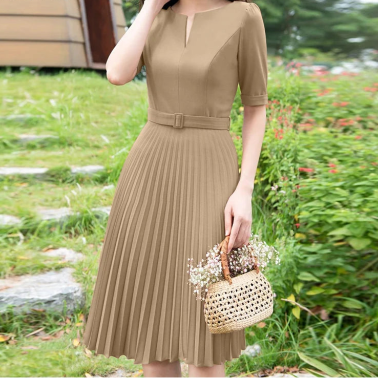 Summer Dress Women V-neck Short Sleeve Solid Pleated