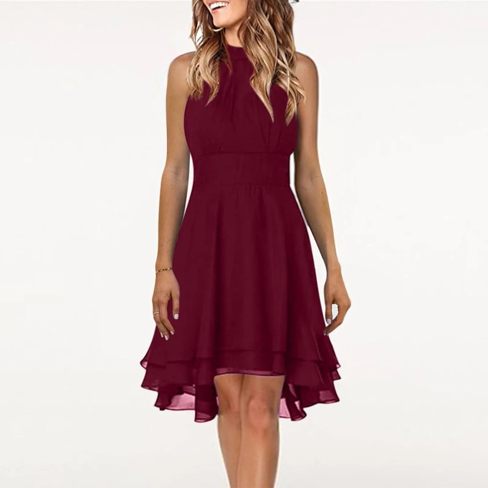 Women's Sleeveless Chiffon High-Waist Layered Halter Dress