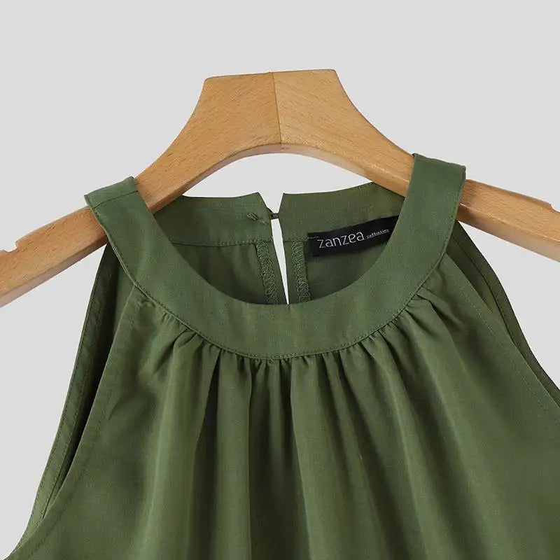 ZANZEA Summer Halter Sleeveless Tiered Dress Women Korean Ruffle Patchwork Robe 2024 Beach O-neck Loose Sundress Sweety Vestidos