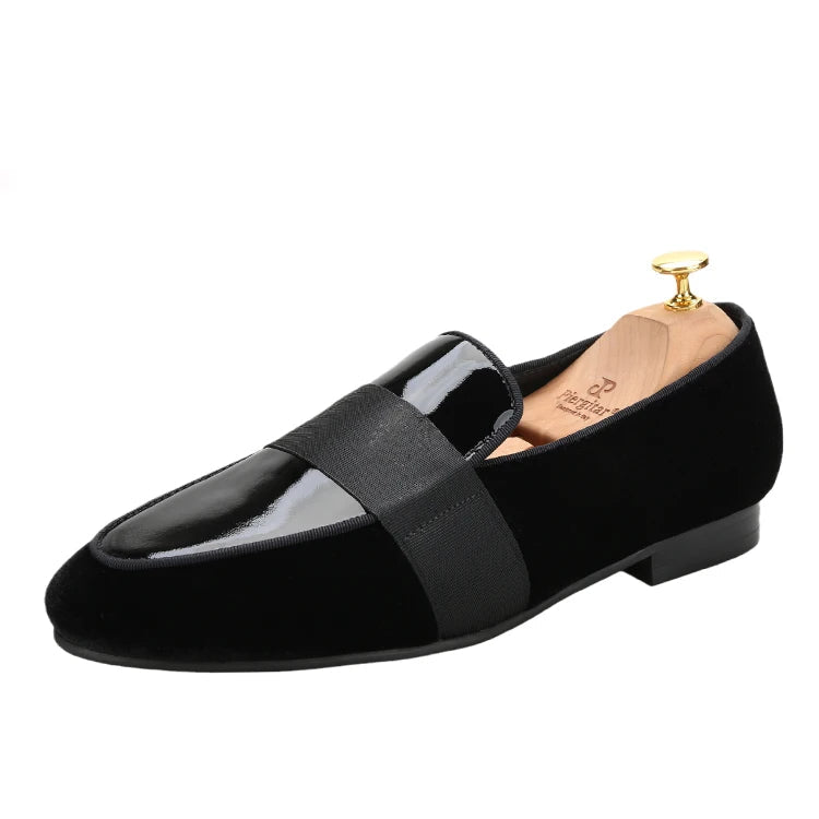 Black Velvet Patent Leather Loafers with Horizontal Band Handmade Flats for Party Formal Suits