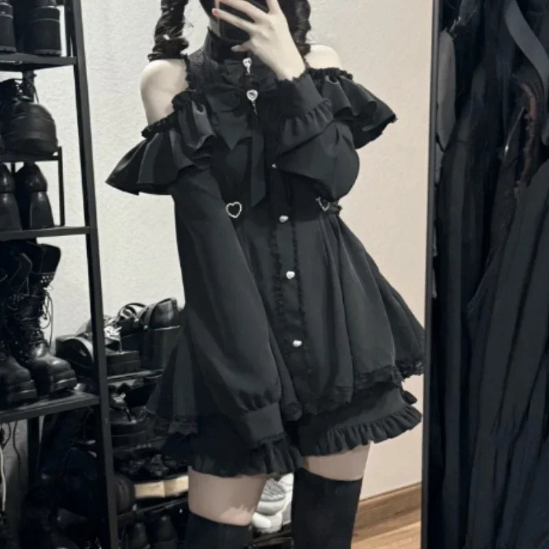 Y2k Aesthetic Lolita Style Bow Dress Shorts Set Japanese Women Gothic Lace Flare Sleeve Button Shirt Dress Punk Party Mini Dress