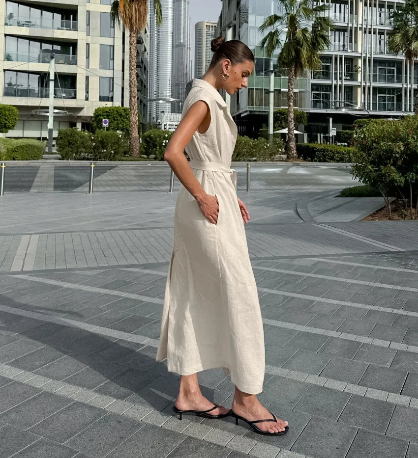 2025 Autumn New Style Commuter Long Skirt For Women Elegant Fashionable Solid Color Lapel Sleeveless High Waist Lace-up Dress