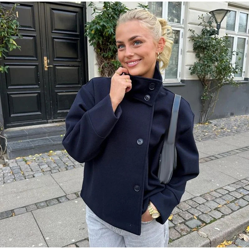 Stand Collar Women Winter Woolen Coats 2025 Spring Single Breasted Loose Female Long Sleeve Jacket Office Lady Street Short Coat