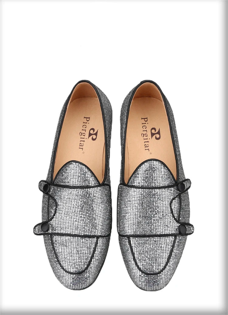 The New Style Square Glittering Silver Belgian Loafers with Double-Monk Moccs Handmade in GuangZhou