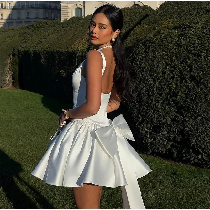 Elegant 3d Bow Backless White Mini Dress Women Fashion Sling A-line Pleated Vestidos Spring Summer Lady Party Evening Gown